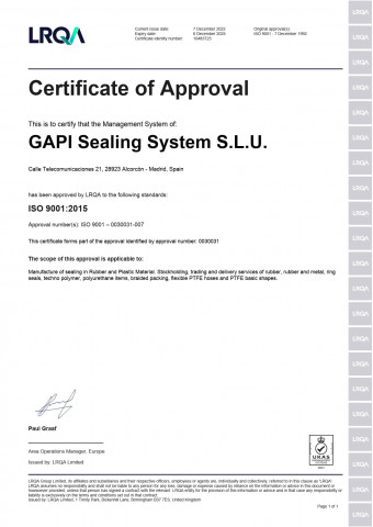 GAPI Sealing System - Certificat ISO 9001:2015
