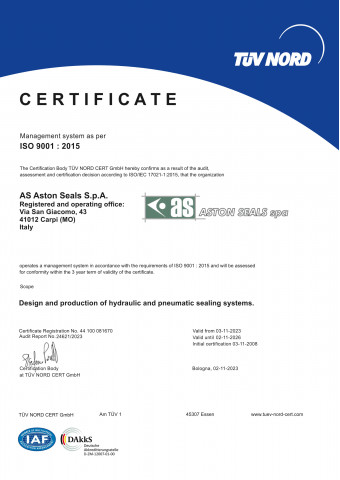 Aston Seals - Certificat ISO 9001:2015